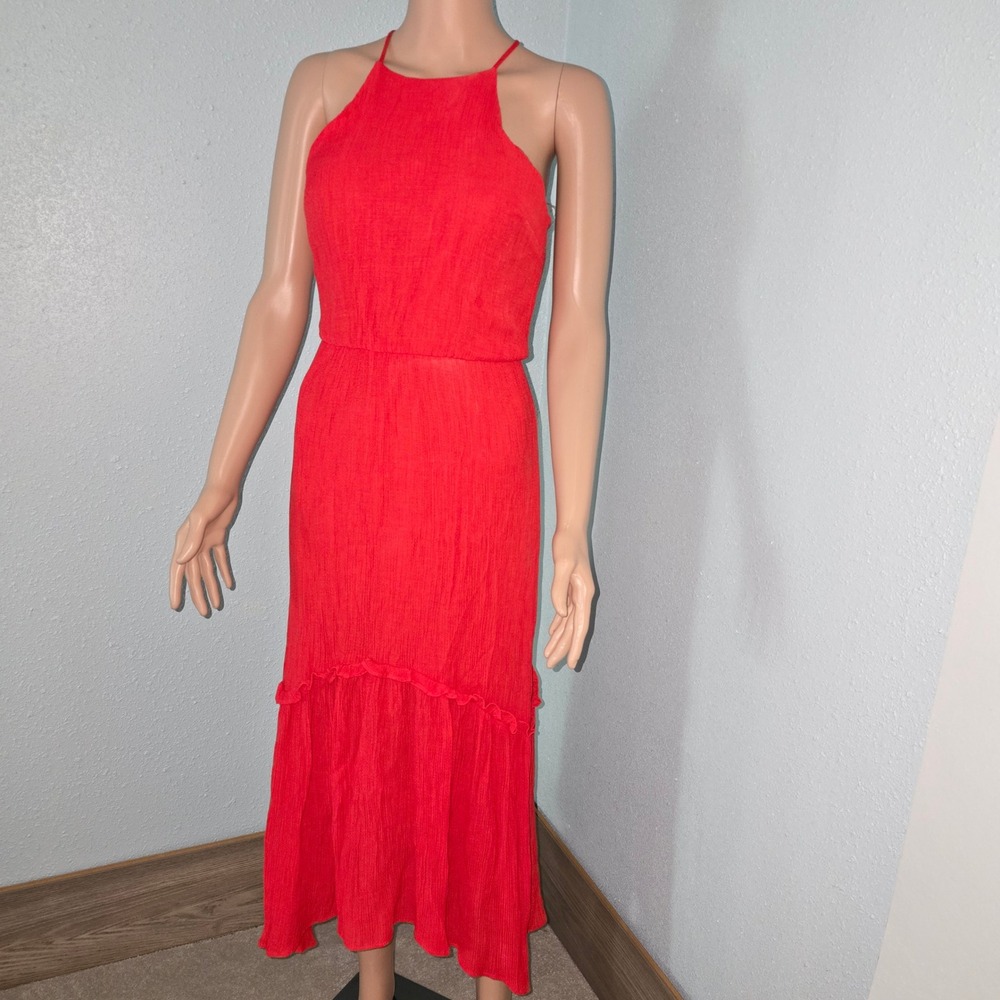 Lush Red Halter Neck Midi Dress Sleeveless Keyhole Back Ruffle Hem Womens Small